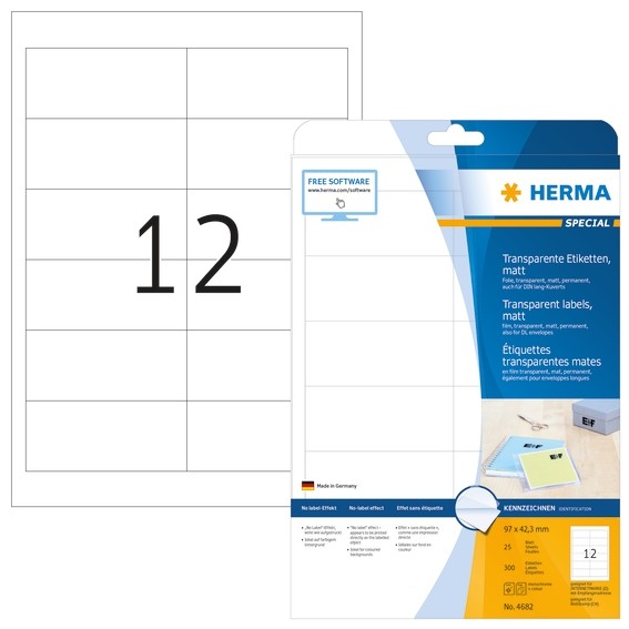 HERMA 4682 Etiketten transparent matt A4 97x42,3 mm Folie 300 St