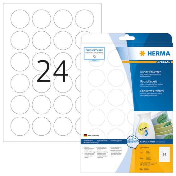 HERMA 5066 Ablösbare Etiketten A4 Ø 40 mm rund weiß Movables/abl