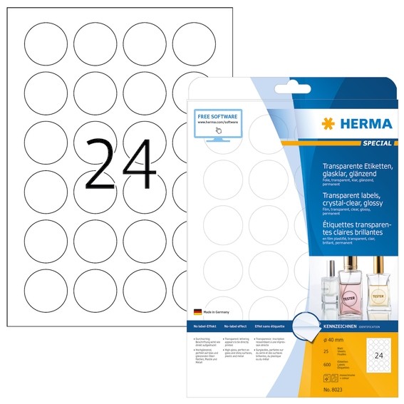 HERMA 8023 Etiketten transparent glasklar A4 Ø 40 mm rund transp