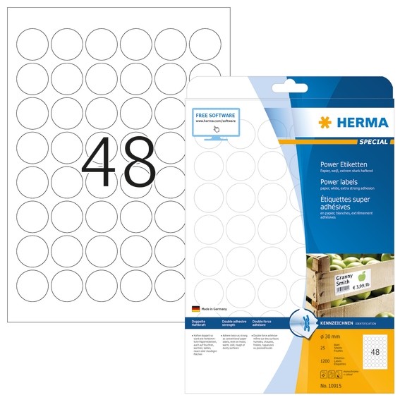 HERMA 10915 Etiketten A4 Ø 30 mm rund weiß extrem stark haftend