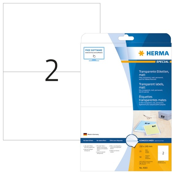 HERMA 4683 Etiketten transparent matt A4 210x148 mm Folie 50 St.