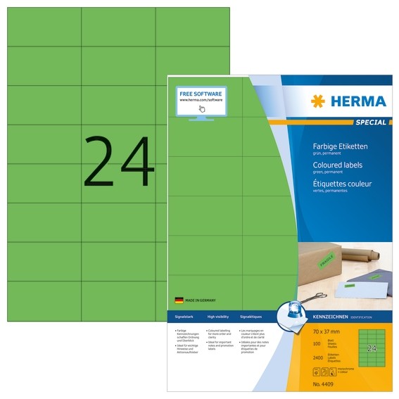 HERMA 4409 Farbige Etiketten A4 70x37 mm grün Papier matt 2400 S