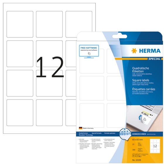 HERMA 10109 Ablösbare Etiketten A4 60x60 mm weiß quadratisch Mov