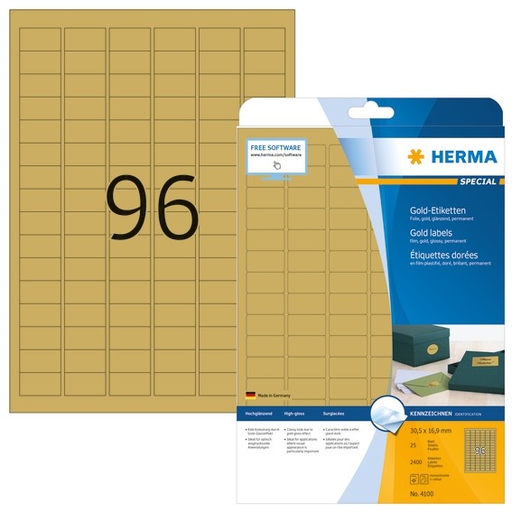 HERMA 4100 Etiketten A4 30,5x16,9 mm gold Folie glänzend 2400 St