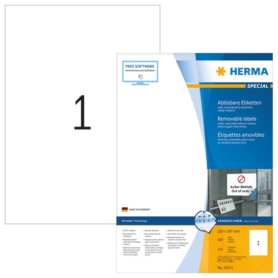 HERMA 10315 Ablösbare Etiketten A4 210x297 mm weiß Movables/ablö