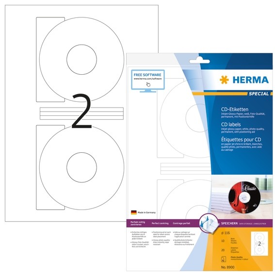 HERMA 8900 Inkjet CD-Etiketten A4 Ø 116 mm weiß Papier glänzend