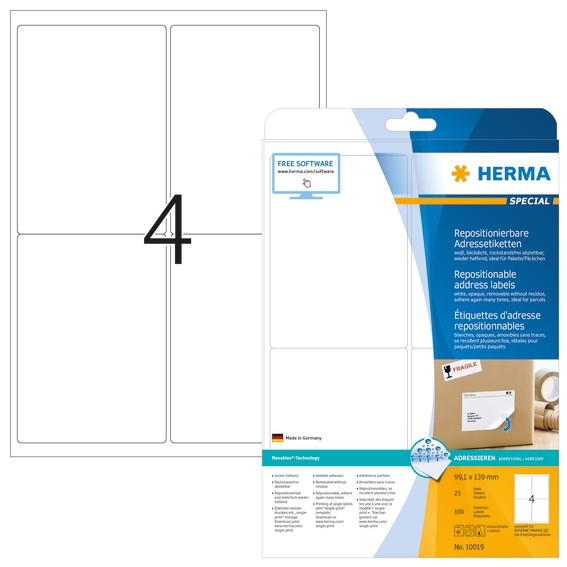 HERMA 10019 Repositionierbare Adressetiketten A4 99,1x139 mm wei