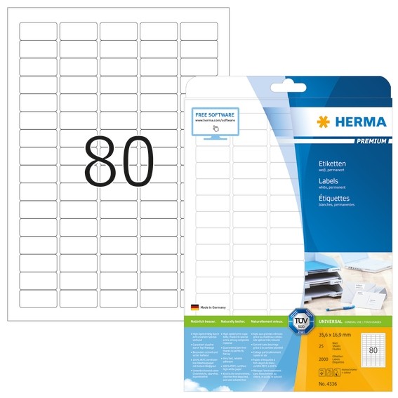 HERMA 4336 Etiketten Premium A4 35,6x16,9 mm weiß Papier matt 20