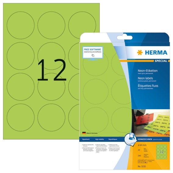 HERMA 5155 Neonetiketten A4 Ø 60 mm rund neon-grün Papier matt 2