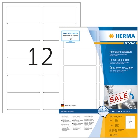 HERMA 10304 Ablösbare Etiketten A4 88,9x46,6 mm weiß Movables/ab