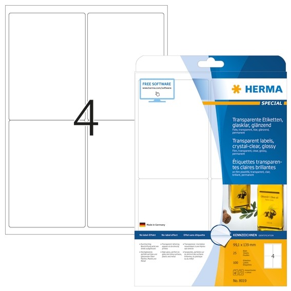 HERMA 8019 Etiketten transparent glasklar A4 99,1x139 mm transpa