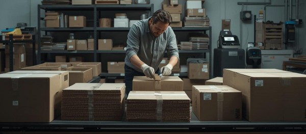 Mitarbeiter-in-der-Versandlogistik-pruft-Kartonqualitat-und-Tragfahigkeit-verschiedener-Wellpappenkartons