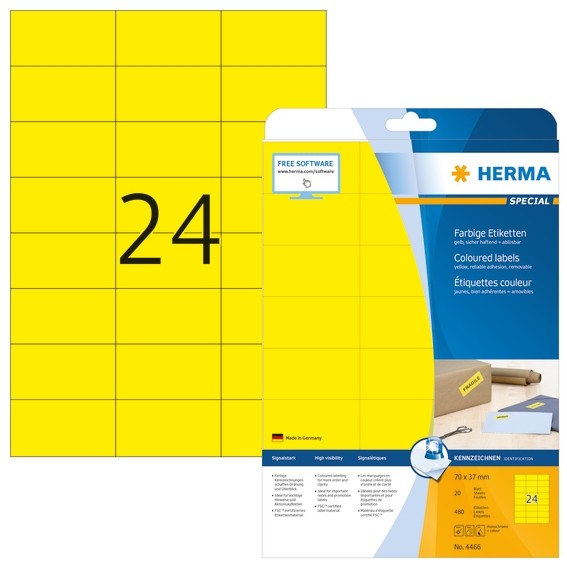 HERMA 4466 Farbige Etiketten A4 70x37 mm gelb ablösbar Papier ma