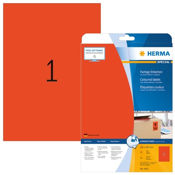HERMA 4422 Farbige Etiketten A4 210x297 mm rot ablösbar Papier m