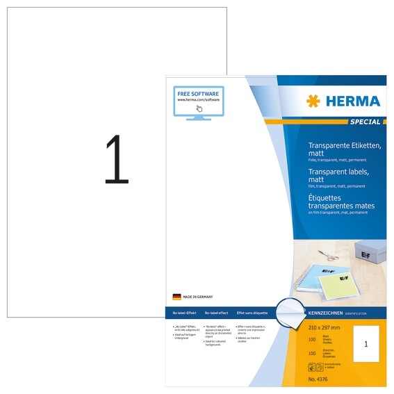 HERMA 4376 Etiketten transparent matt A4 210x297 mm Folie 100 St