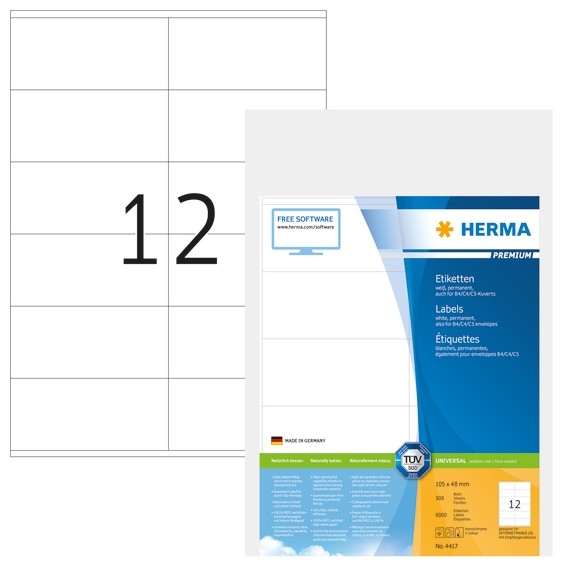 HERMA 4417 Etiketten Premium A4 105x48 mm weiß Papier matt 6000