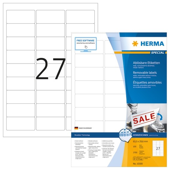 HERMA 10300 Ablösbare Etiketten A4 63,5x29,6 mm weiß Movables/ab