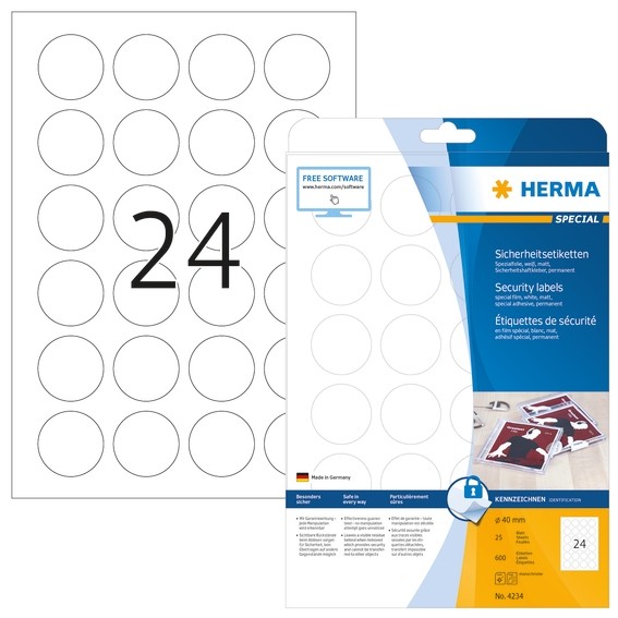 HERMA 4234 Sicherheitsetiketten A4 Ø 40 mm rund weiß extrem star