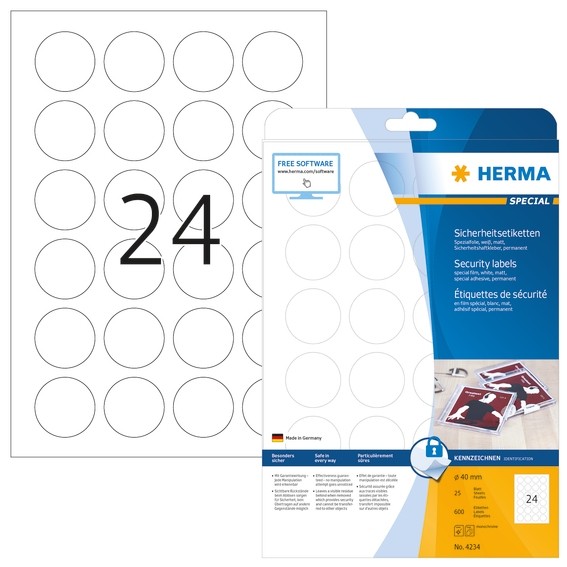 HERMA 4234 Sicherheitsetiketten A4 Ø 40 mm rund weiß extrem star