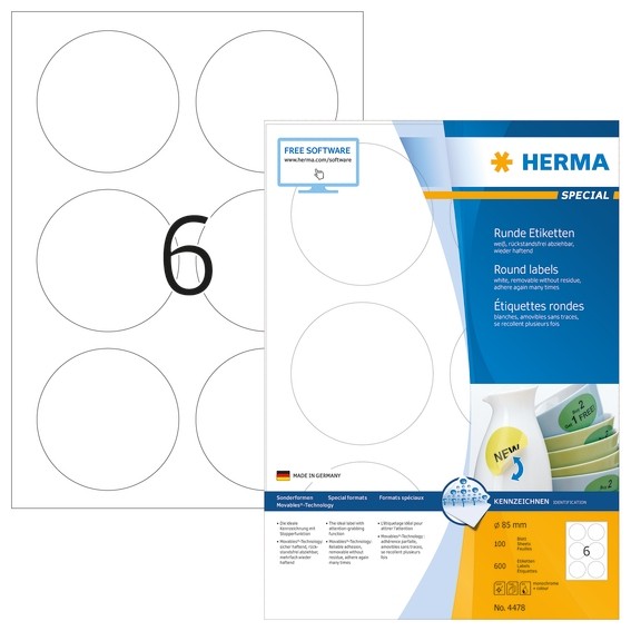 HERMA 4478 Ablösbare Etiketten A4 Ø 85 mm rund weiß Movables/abl