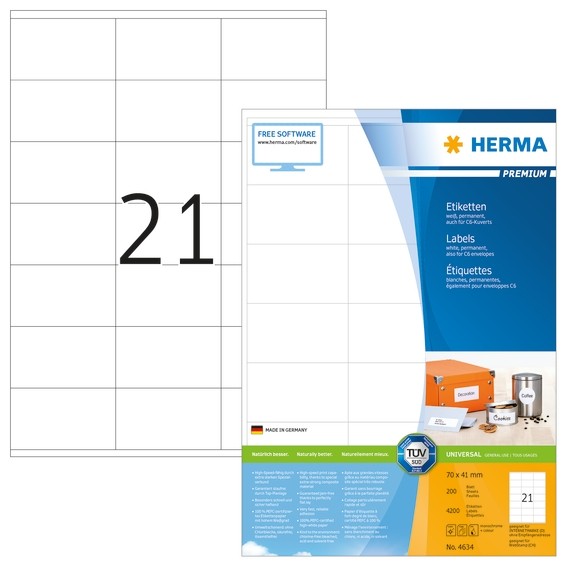 HERMA 4634 Etiketten Premium A4 70x41 mm weiß Papier matt 4200 S