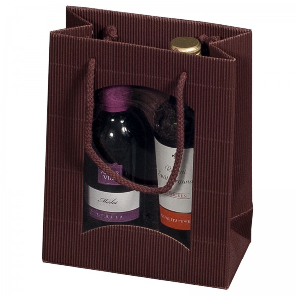 Geschenk-Flaschentasche für 2 Piccolo-Weinflaschen mit Sichtfenster Braun