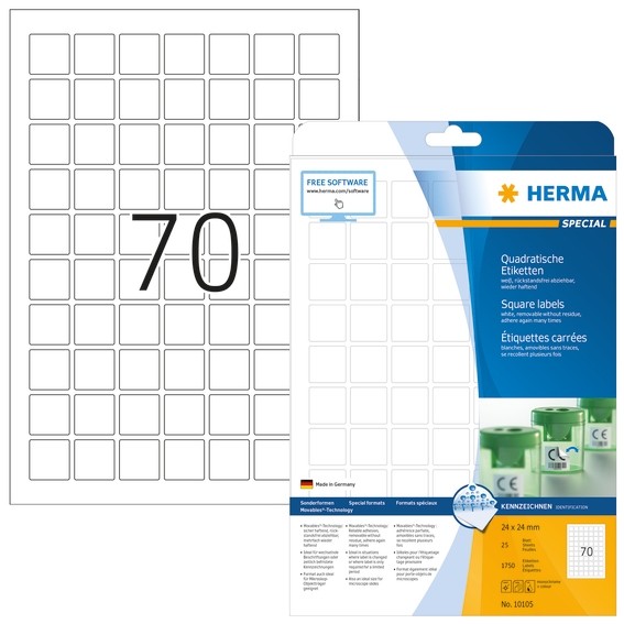 HERMA 10105 Ablösbare Etiketten A4 24x24 mm weiß quadratisch Mov