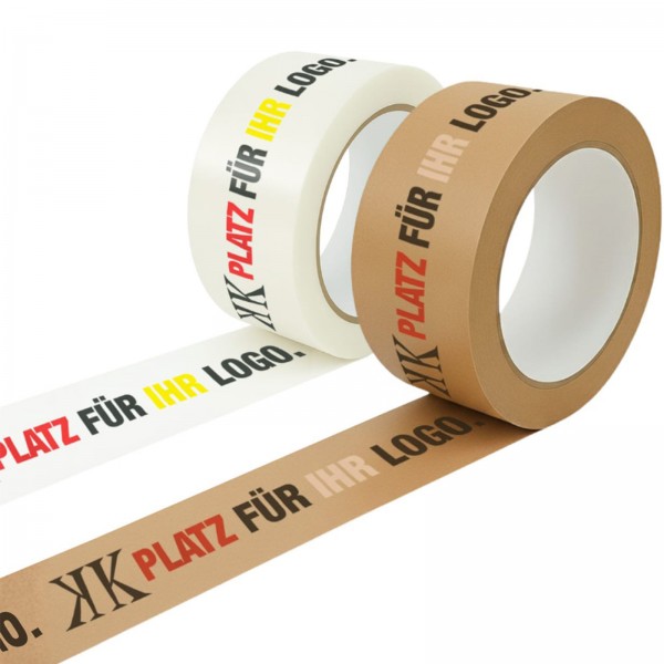 Papierklebeband 1-3-farbig bedruckbar – leise abrollend, in weiß &amp; braun