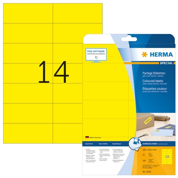 HERMA 5058 Farbige Etiketten A4 105x42,3 mm gelb ablösbar Papier