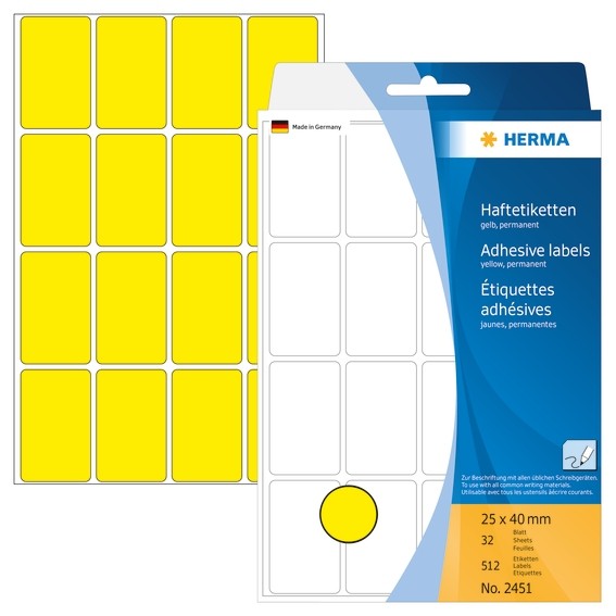 HERMA 2451 Vielzwecketiketten 25x40 mm gelb Papier matt Handbesc