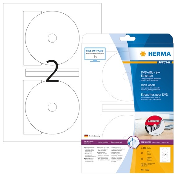 HERMA 4699 DVD-/Blu-ray-Etiketten Maxi A4 Ø 116 mm weiß Folie ma