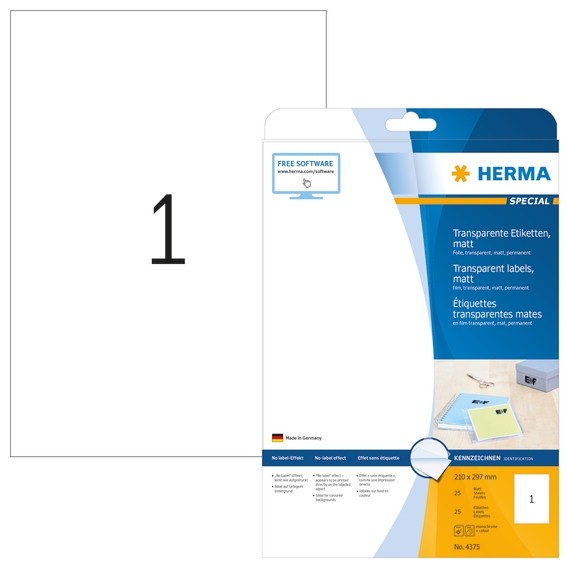 HERMA 4375 Etiketten transparent matt A4 210x297 mm Folie 25 St.