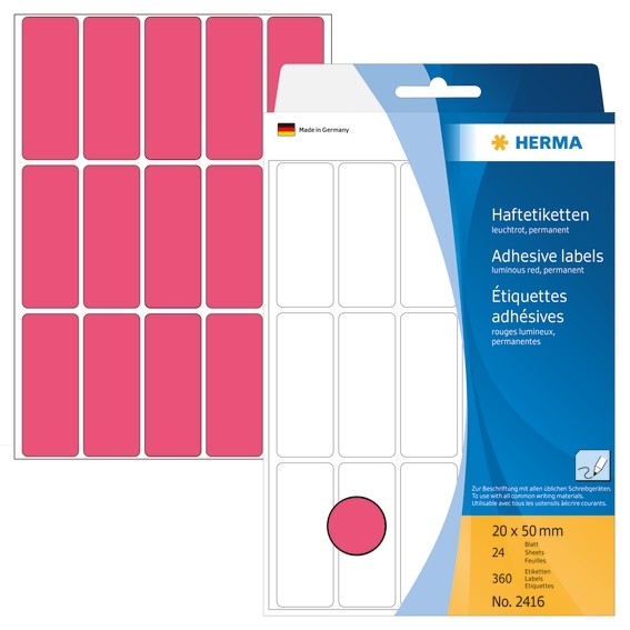 HERMA 2416 Vielzwecketiketten 20x50 mm leuchtrot Papier matt Han