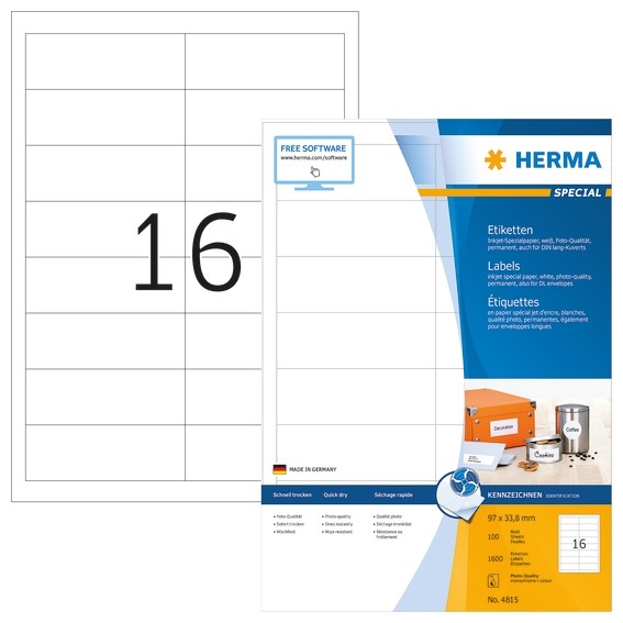 HERMA 4815 Inkjet-Etiketten A4 97x33,8 mm weiß Papier matt 1600