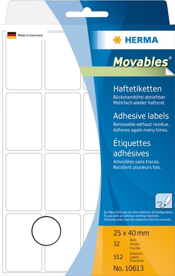 HERMA 10613 Vielzwecketiketten 25x40 mm weiß Movables/ablösbar P