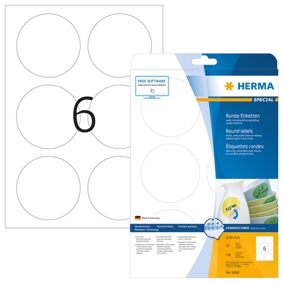 HERMA 5068 Ablösbare Etiketten A4 Ø 85 mm rund weiß Movables/abl