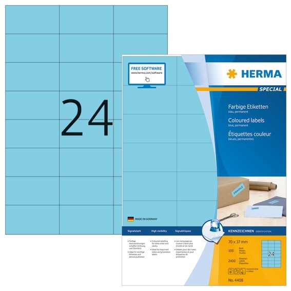 HERMA 4408 Farbige Etiketten A4 70x37 mm blau Papier matt 2400 S