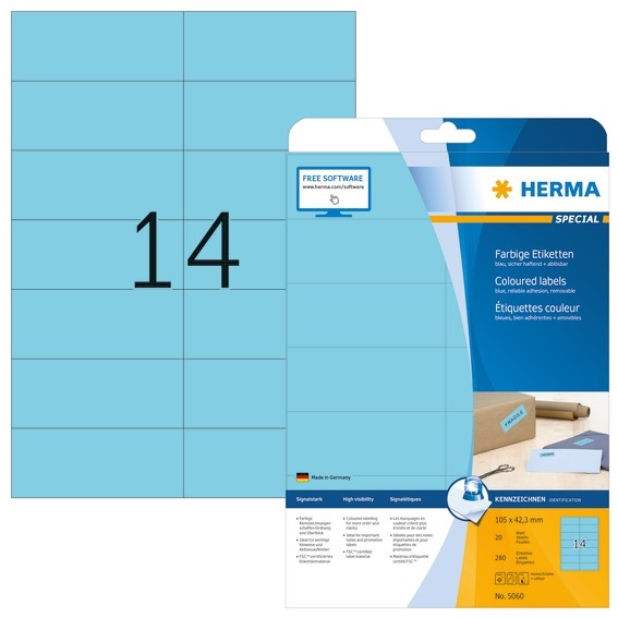 HERMA 5060 Farbige Etiketten A4 105x42,3 mm blau ablösbar Papier