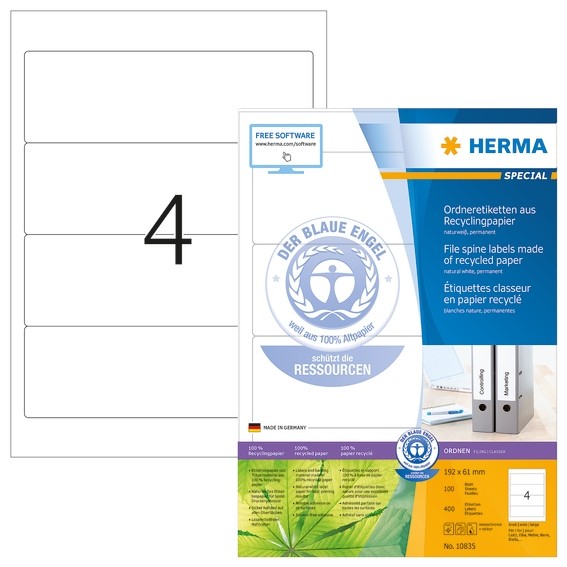 HERMA 10835 Ordneretiketten A4 192x61 mm weiß Recyclingpapier ma