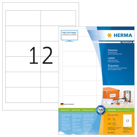 HERMA 4623 Etiketten Premium A4 97x42,3 mm weiß Papier matt 2400