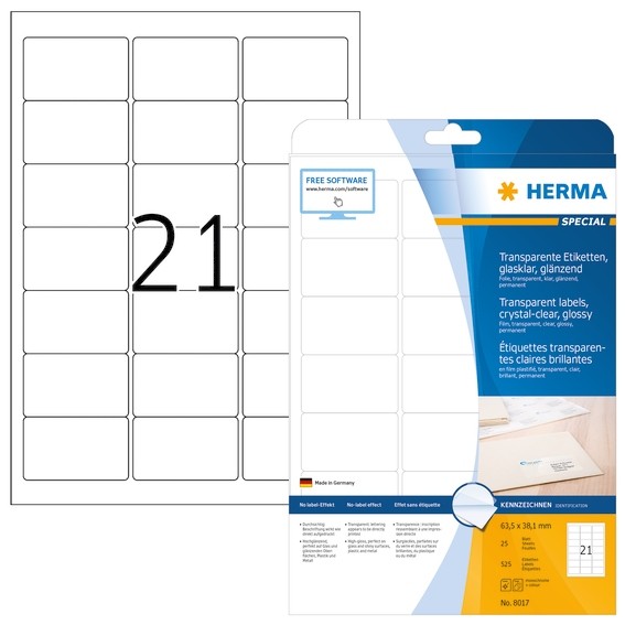 HERMA 8017 Etiketten transparent glasklar A4 63,5x38,1 mm transp