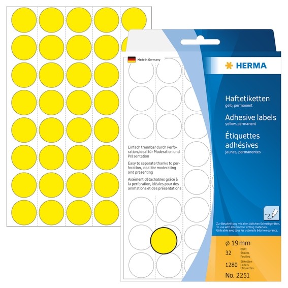 HERMA 2251 Vielzwecketiketten/Farbpunkte Ø 19 mm rund gelb Papie