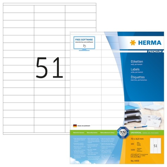 HERMA 4459 Etiketten Premium A4 70x16,9 mm weiß Papier matt 5100