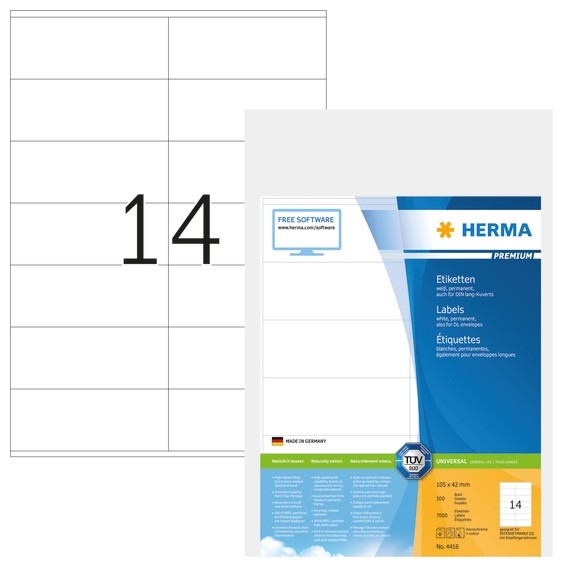 HERMA 4416 Etiketten Premium A4 105x42 mm weiß Papier matt 7000