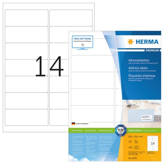 HERMA 4678 Adressetiketten Premium A4 99,1x38,1 mm weiß Papier m