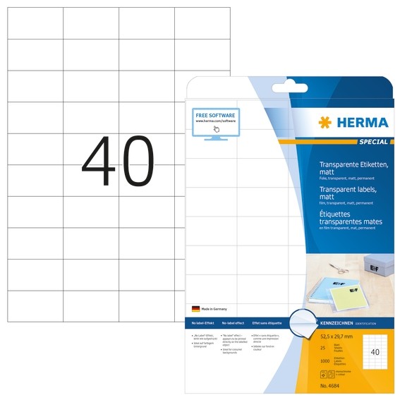 HERMA 4684 Etiketten transparent matt A4 52,5x29,7 mm Folie 1000